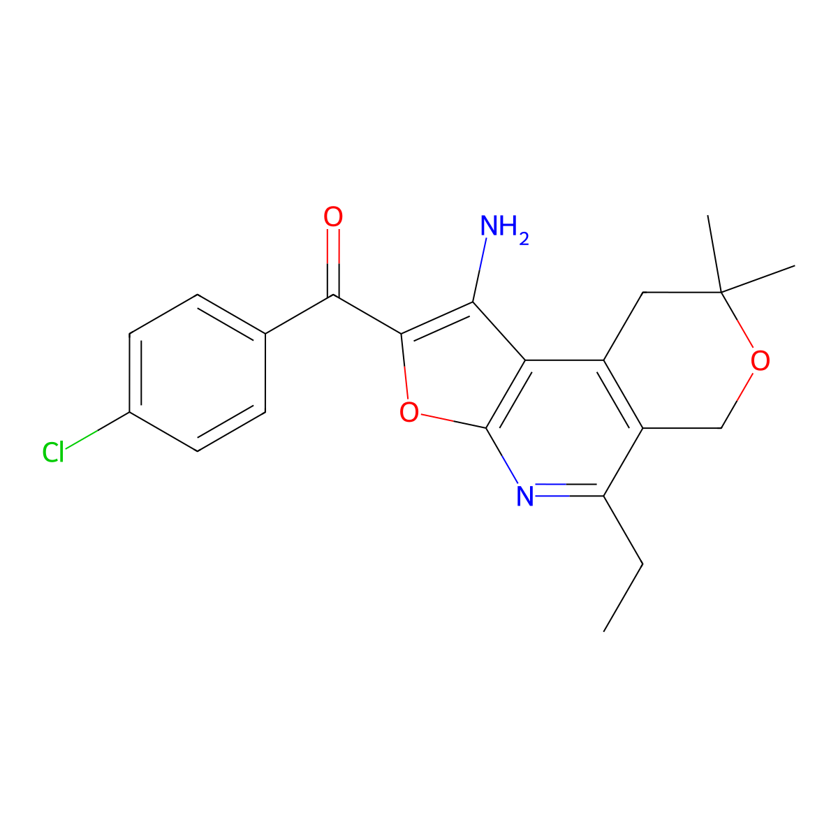 Methanone, (1-amino-5-ethyl-8,9-dihydro-8,8-dimethyl-6H-furo(2,3-b)pyrano(4,3-d)pyridin-2-yl)(4-chlorophenyl)- molecular structure, CAS 172985-20-5