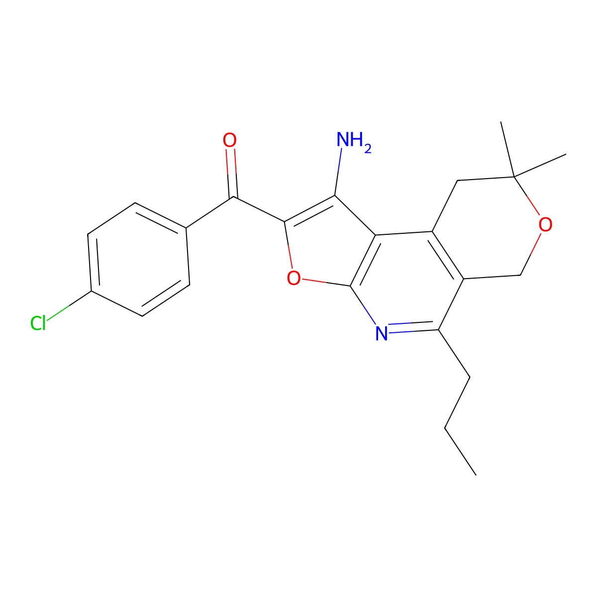 Methanone, (1-amino-8,9-dihydro-8,8-dimethyl-5-propyl-6H-furo(2,3-b)pyrano(4,3-d)pyridin-2-yl)(4-chlorophenyl)- molecular structure, CAS 172985-23-8