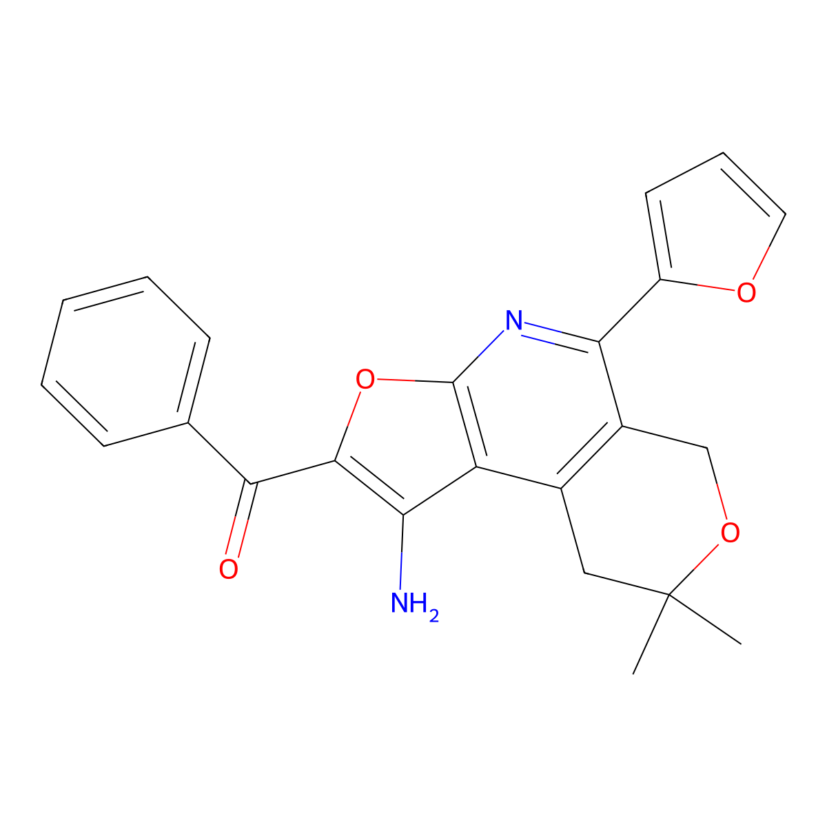 Methanone, (1-amino-5-(2-furanyl)-8,9-dihydro-8,8-dimethyl-6H-furo(2,3-b)pyrano(4,3-d)pyridin-2-yl)phenyl- molecular structure, CAS 172985-27-2