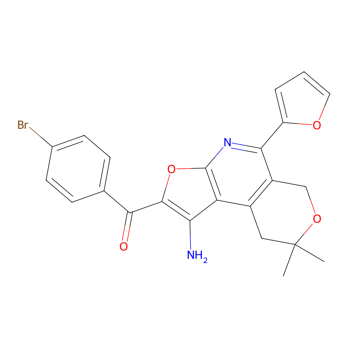 Methanone, (1-amino-5-(2-furanyl)-8,9-dihydro-8,8-dimethyl-6H-furo(2,3-b)pyrano(4,3-d)pyridin-2-yl)(4-bromophenyl)- molecular structure, CAS 172985-28-3