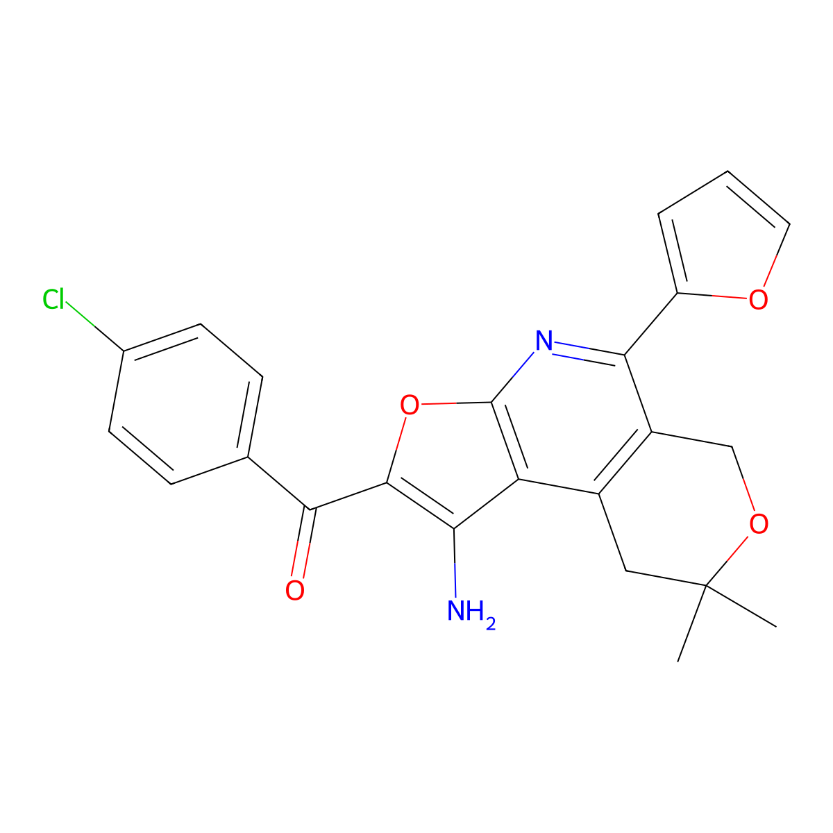 Methanone, (1-amino-5-(2-furanyl)-8,9-dihydro-8,8-dimethyl-6H-furo(2,3-b)pyrano(4,3-d)pyridin-2-yl)(4-chlorophenyl)- molecular structure, CAS 172985-29-4