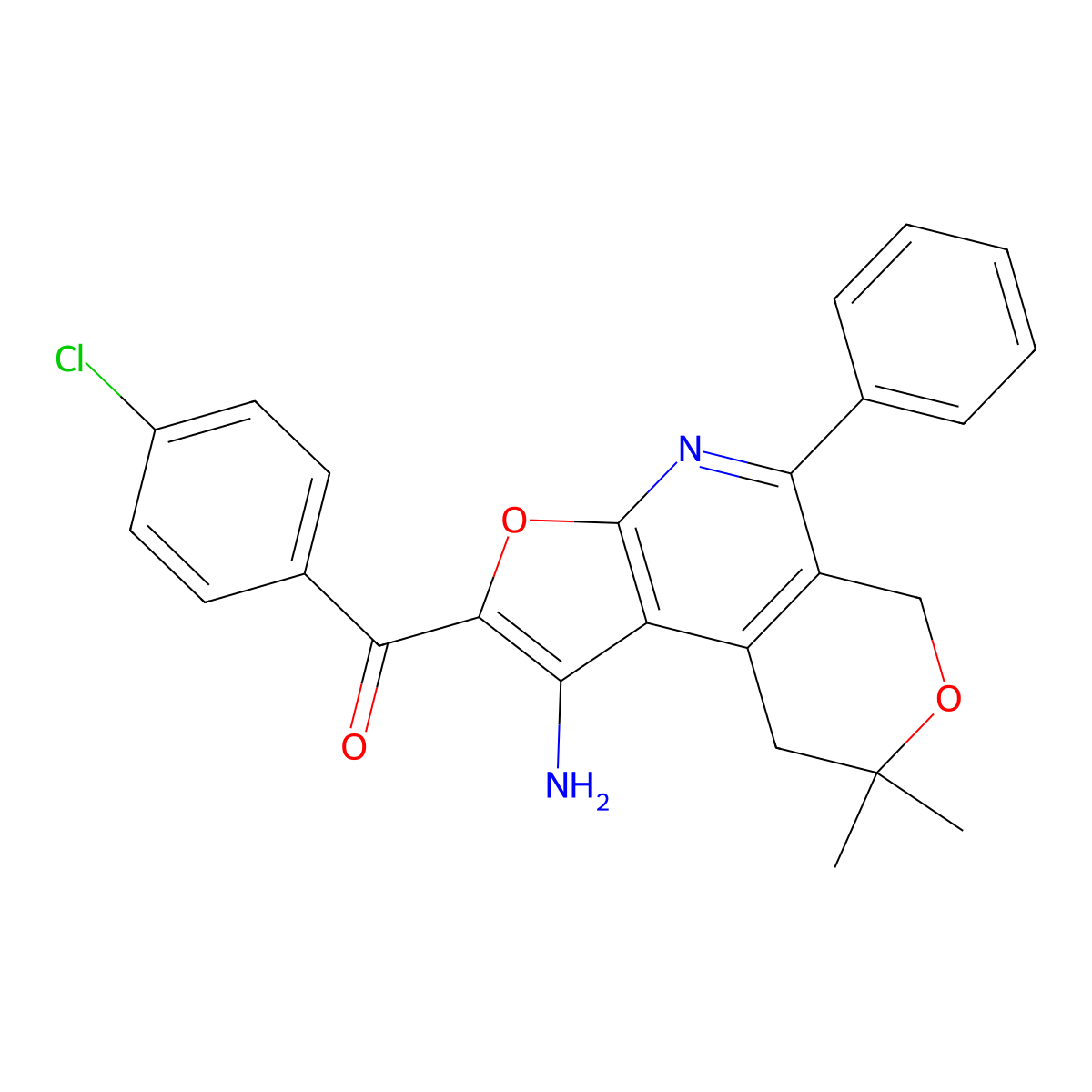 Methanone, (1-amino-8,9-dihydro-8,8-dimethyl-5-phenyl-6H-furo(2,3-b)pyrano(4,3-d)pyridin-2-yl)(4-chlorophenyl)- molecular structure, CAS 172985-32-9