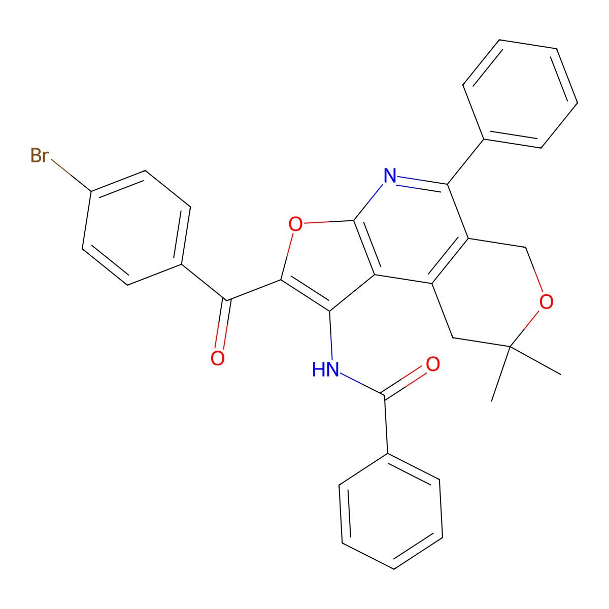 Benzamide, N-(2-(4-bromobenzoyl)-8,9-dihydro-8,8-dimethyl-5-phenyl-6H-furo(2,3-b)pyrano(4,3-d)pyridin-1-yl)- molecular structure, CAS 172985-39-6