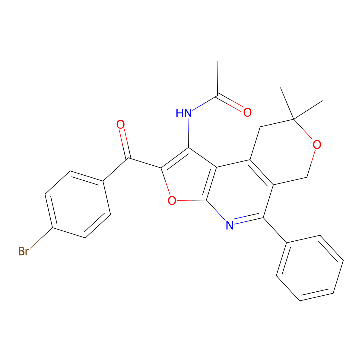 Acetamide, N-(2-(4-bromobenzoyl)-8,9-dihydro-8,8-dimethyl-5-phenyl-6H-furo(2,3-b)pyrano(4,3-d)pyridin-1-yl)- molecular structure, CAS 172985-40-9
