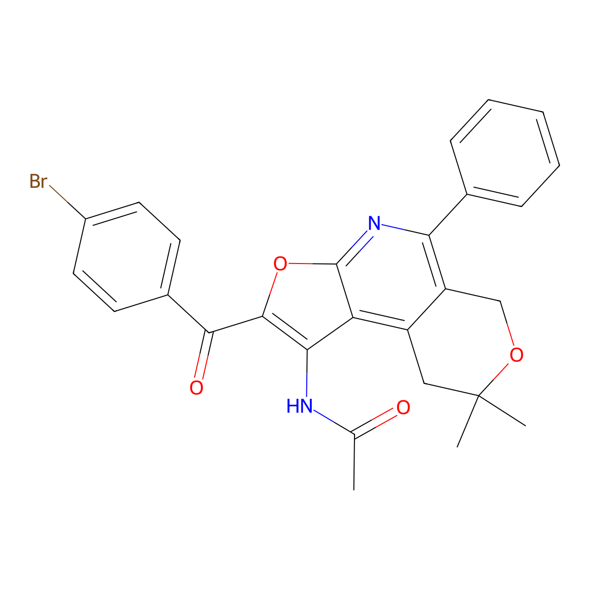 Acetamide, N-(2-(4-bromobenzoyl)-8,9-dihydro-8,8-dimethyl-5-phenyl-6H-furo(2,3-b)pyrano(4,3-d)pyridin-1-yl)- molecular structure, CAS 172985-40-9