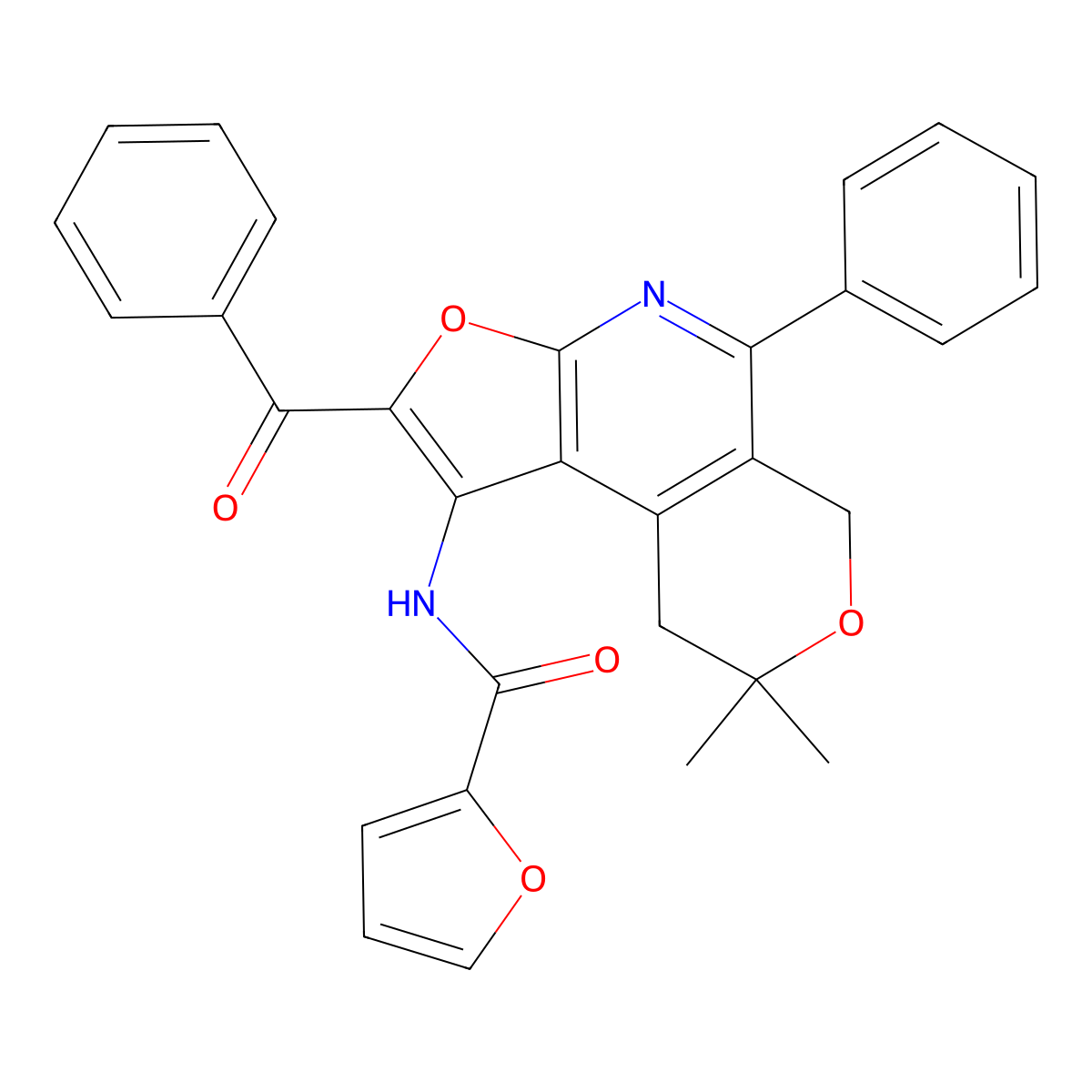 2-Furancarboxamide, N-(2-benzoyl-8,9-dihydro-8,8-dimethyl-5-phenyl-6H-furo(2,3-b)pyrano(4,3-d)pyridin-1-yl)- molecular structure, CAS 172985-42-1