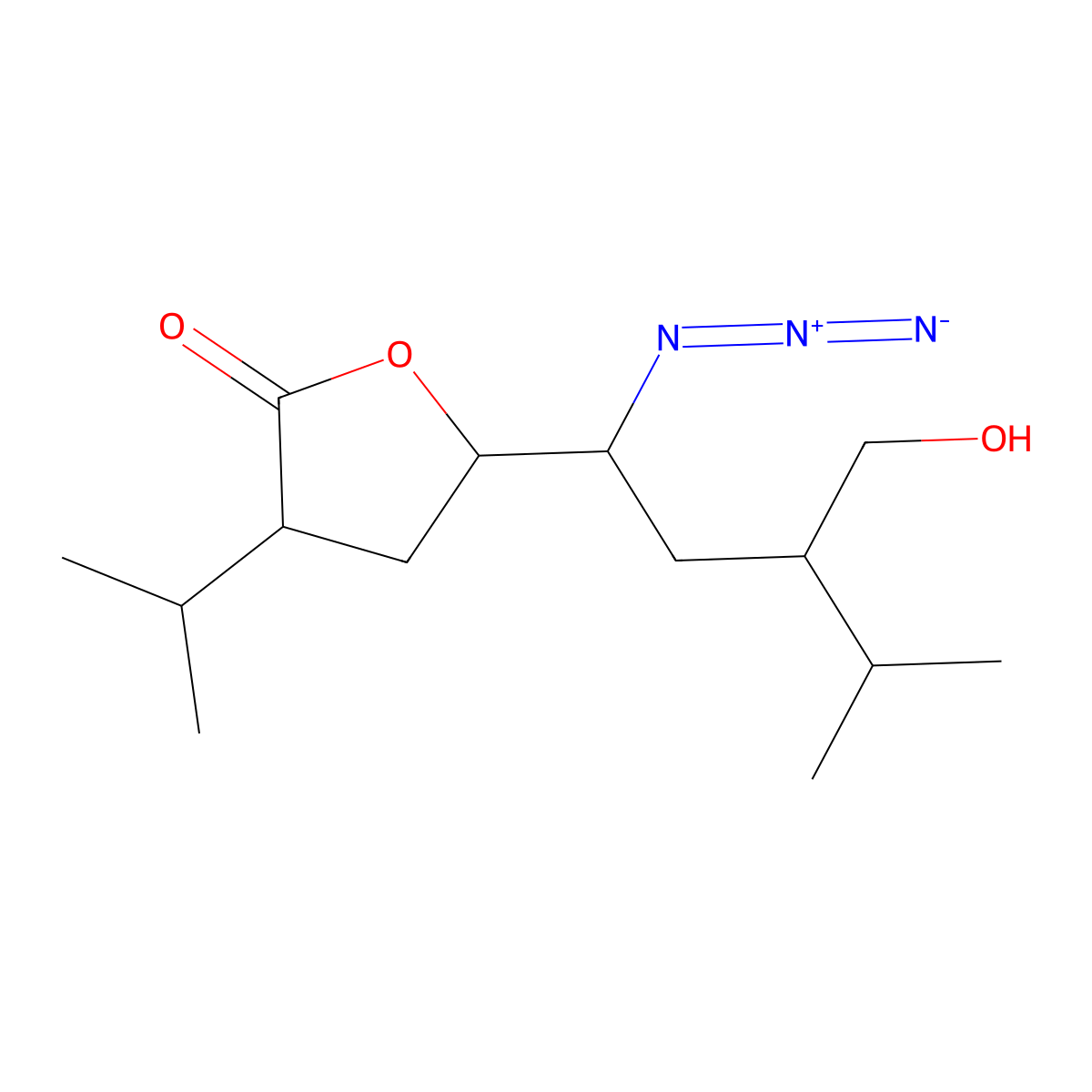 (3S,5S)-5-((1S,3S)-1-azido-3-(hydroxymethyl)-4-methylpentyl)-3-isopropyldihydrofuran-2(3H)-one molecular structure, CAS 173154-03-5