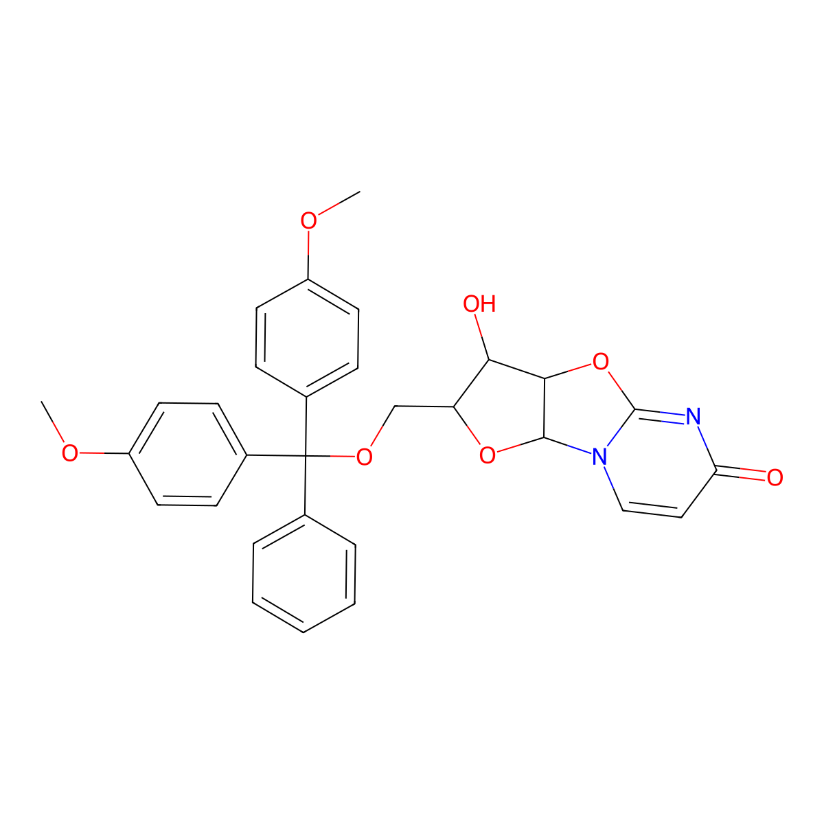 (2R,3R,3aS,9aR)-2-((Bis(4-methoxyphenyl)(phenyl)methoxy)methyl)-3-hydroxy-2,3,3a,9a-tetrahydro-6H-furo[2',3':4,5]oxazolo[3,2-a]pyrimidin-6-one molecular structure, CAS 173170-12-2