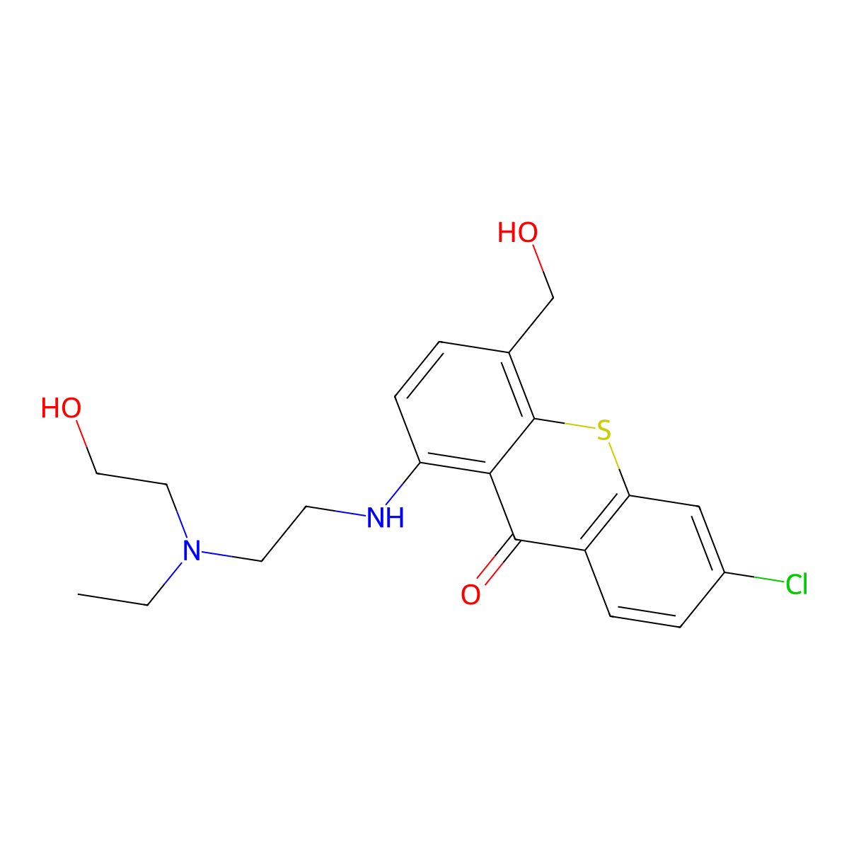 9H-Thioxanthen-9-one, 6-chloro-1-((2-(ethyl(2-hydroxyethyl)amino)ethyl)amino)-4-(hydroxymethyl)- molecular structure, CAS 17319-11-8