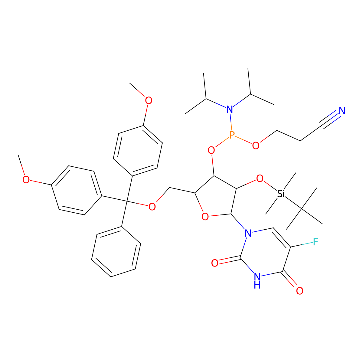 (2R,3R,4R,5R)-2-((Bis(4-methoxyphenyl)(phenyl)methoxy)methyl)-4-((tert-butyldimethylsilyl)oxy)-5-(5-fluoro-2,4-dioxo-3,4-dihydropyrimidin-1(2H)-yl)tetrahydrofuran-3-yl (2-cyanoethyl) diisopropylphosphoramidite molecular structure, CAS 173241-78-6