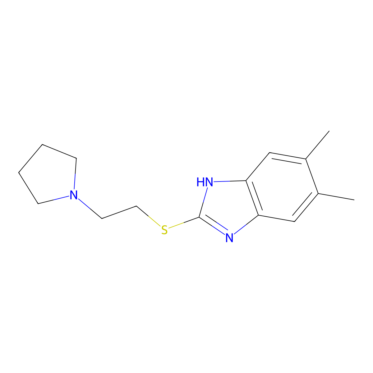 5,6-dimethyl-2-[2-(1-pyrrolidinyl)ethylthio]-1H-benzimidazole molecular structure, CAS 173352-22-2