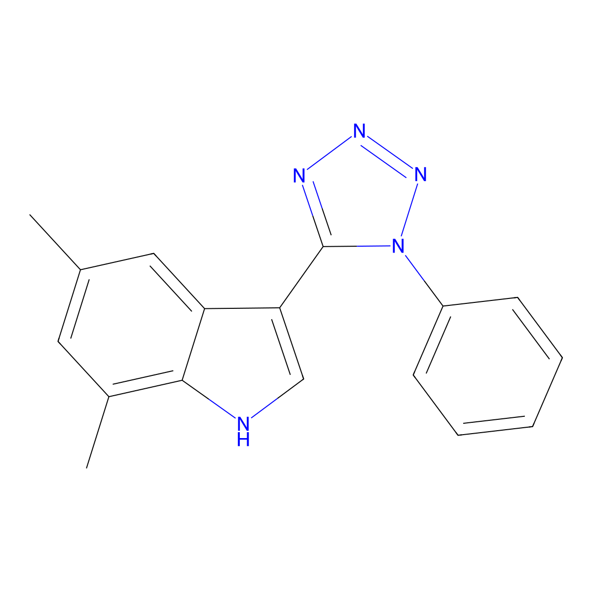 5,7-dimethyl-3-(1-phenyl-1H-tetraazol-5-yl)-1H-indole molecular structure, CAS 173374-62-4