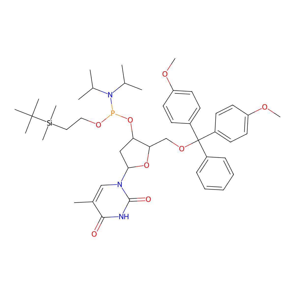1-[(2R,4S,5R)-5-[[bis(4-methoxyphenyl)-phenylmethoxy]methyl]-4-[2-[tert-butyl(dimethyl)silyl]ethoxy-[di(propan-2-yl)amino]phosphanyl]oxyoxolan-2-yl]-5-methylpyrimidine-2,4-dione molecular structure, CAS 173440-40-9