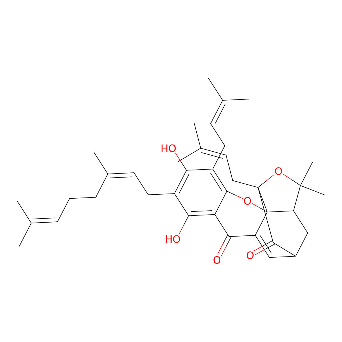 7-(3,7-Dimethylocta-2,6-dienyl)-6,8-dihydroxy-17,17-dimethyl-5,15-bis(3-methylbut-2-enyl)-3,16-dioxapentacyclo[11.4.1.02,11.02,15.04,9]octadeca-4,6,8,11-tetraene-10,14-dione molecular structure, CAS 173614-93-2
