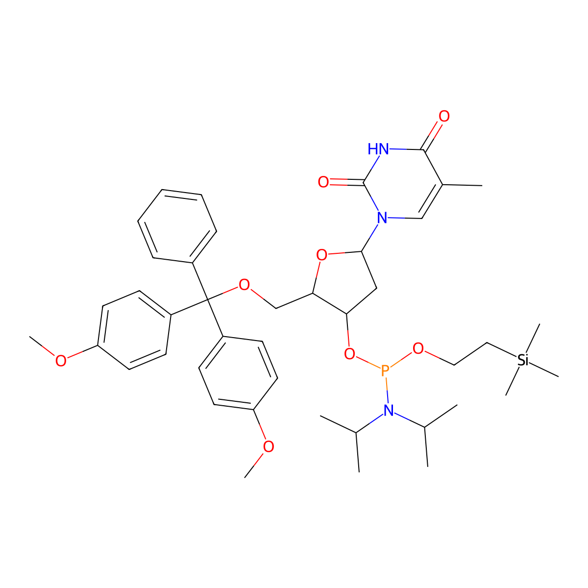 1-[(2R,4S,5R)-5-[[bis(4-methoxyphenyl)-phenylmethoxy]methyl]-4-[[di(propan-2-yl)amino]-(2-trimethylsilylethoxy)phosphanyl]oxyoxolan-2-yl]-5-methylpyrimidine-2,4-dione molecular structure, CAS 173653-44-6