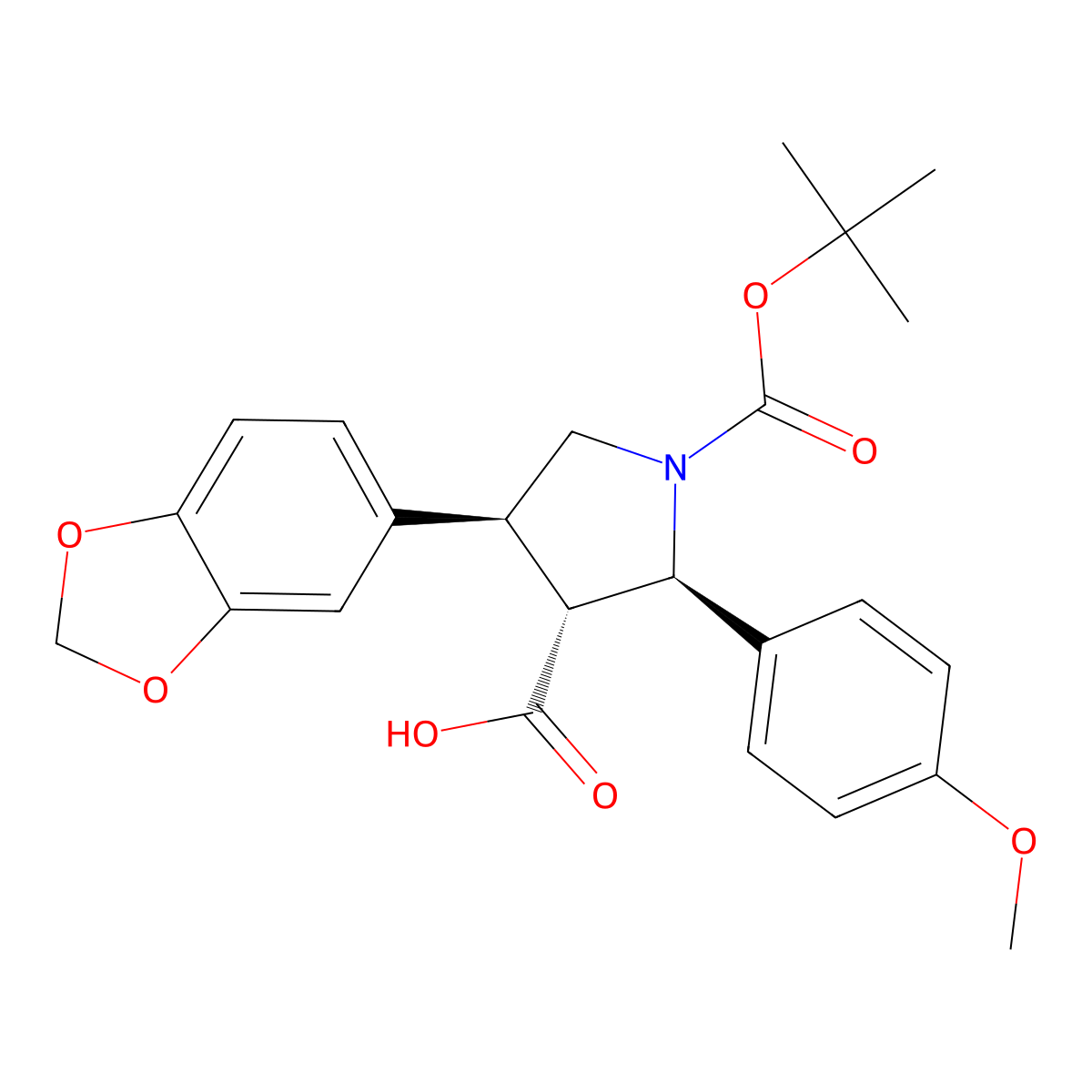 (2R,3R,4S)-4-(benzo[d][1,3]dioxol-5-yl)-1-(tert-butoxycarbonyl)-2-(4-methoxyphenyl)pyrrolidine-3-carboxylic acid molecular structure, CAS 173864-48-7