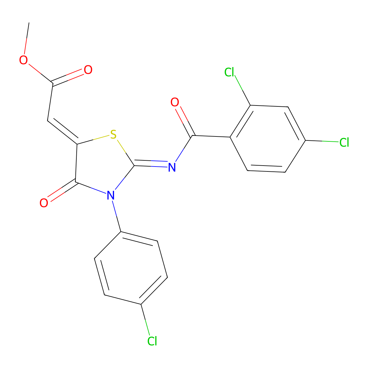 Methyl 2-[3-(4-chlorophenyl)-2-(2,4-dichlorobenzoyl)imino-4-oxo-1,3-thiazolidin-5-ylidene]acetate molecular structure, CAS 173904-50-2
