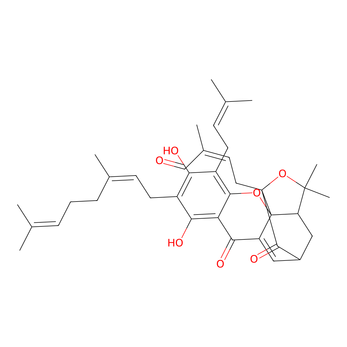 4-[7-(3,7-Dimethylocta-2,6-dienyl)-6,8-dihydroxy-17,17-dimethyl-5-(3-methylbut-2-enyl)-10,14-dioxo-3,16-dioxapentacyclo[11.4.1.02,11.02,15.04,9]octadeca-4,6,8,11-tetraen-15-yl]-2-methylbut-2-enal molecular structure, CAS 173938-23-3