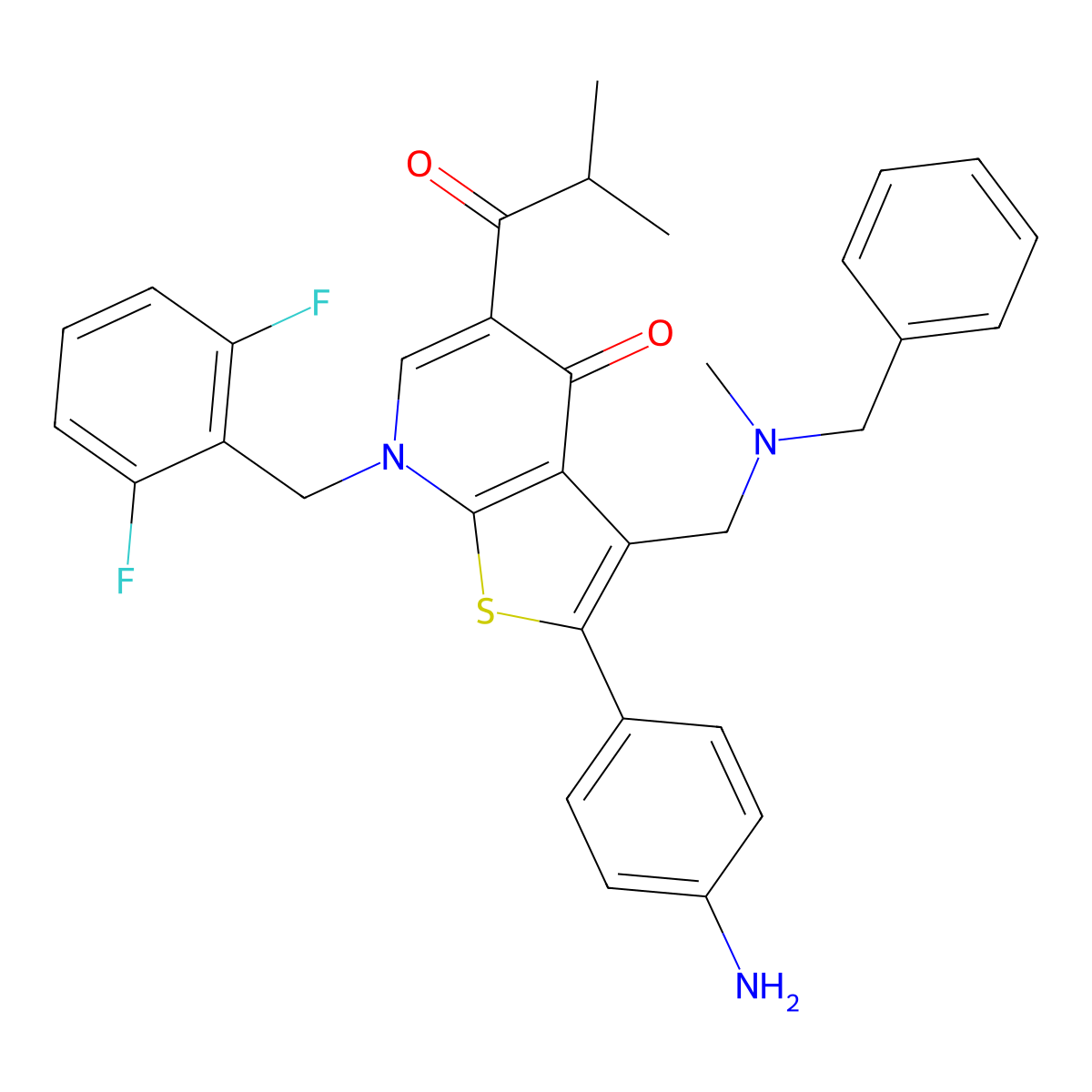 2-(4-Aminophenyl)-3-[[benzyl(methyl)amino]methyl]-7-[(2,6-difluorophenyl)methyl]-5-(2-methylpropanoyl)thieno[2,3-b]pyridin-4-one molecular structure, CAS 174072-26-5