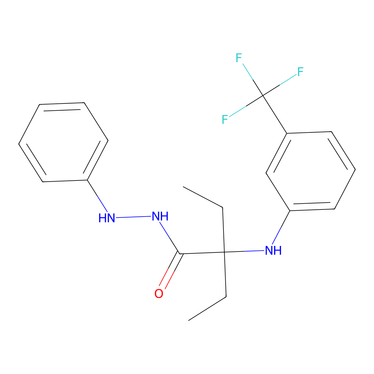 Butanoic acid, 2-ethyl-2-((3-(trifluoromethyl)phenyl)amino)-, 2-phenylhydrazide molecular structure, CAS 174198-02-8