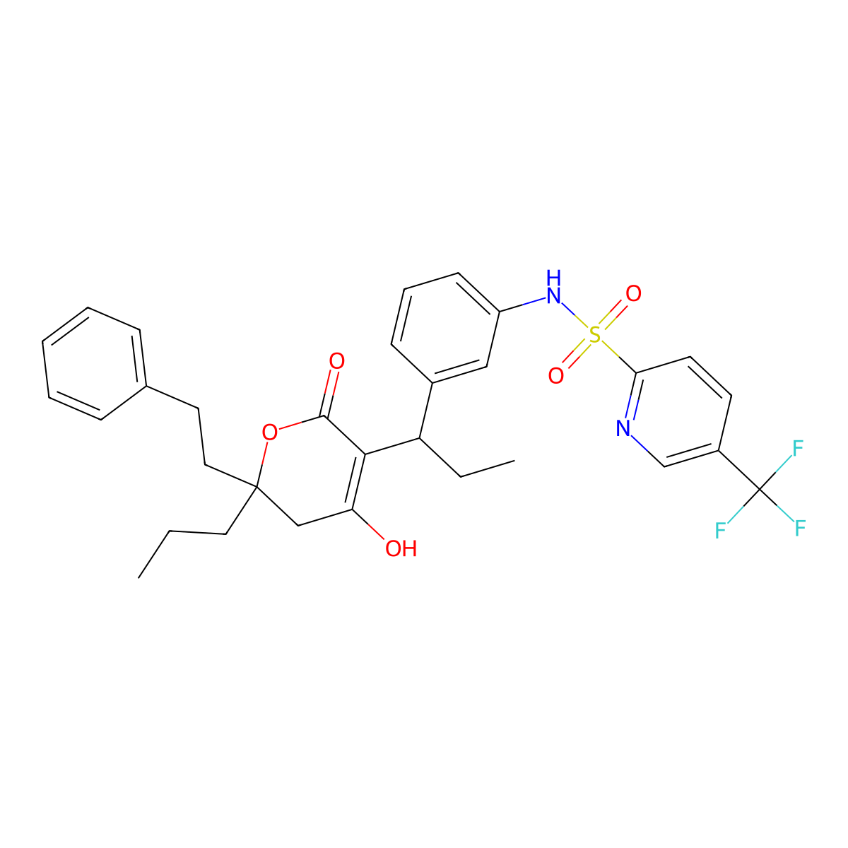 2-Pyridinesulfonamide, N-(3-(1-(5,6-dihydro-4-hydroxy-2-oxo-6-(2-phenylethyl)-6-propyl-2H-pyran-3-yl)propyl)phenyl)-5-(trifluoromethyl)- molecular structure, CAS 174484-81-2