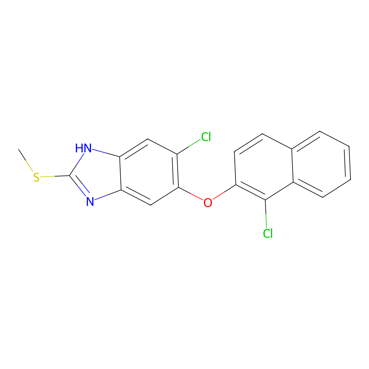 1H-Benzimidazole, 5-chloro-6-((1-chloro-2-naphthalenyl)oxy)-2-(methylthio)- molecular structure, CAS 174503-69-6