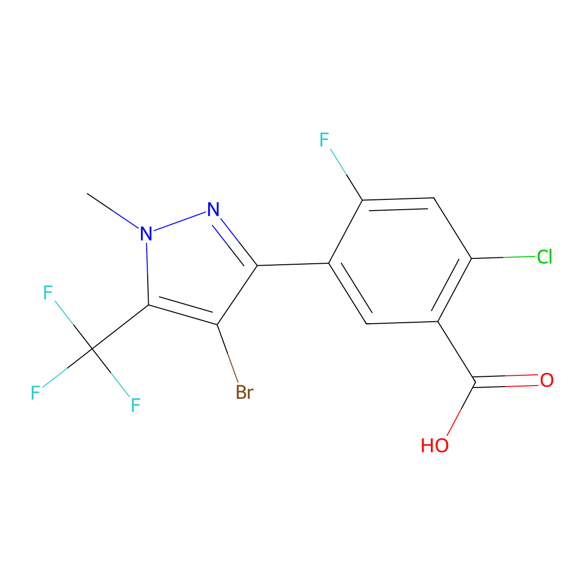 5-[4-bromo-1-methyl-5-(trifluoromethyl)-1H-pyrazol-3-yl]-2-chloro-4-fluorobenzoic acid molecular structure, CAS 174514-08-0