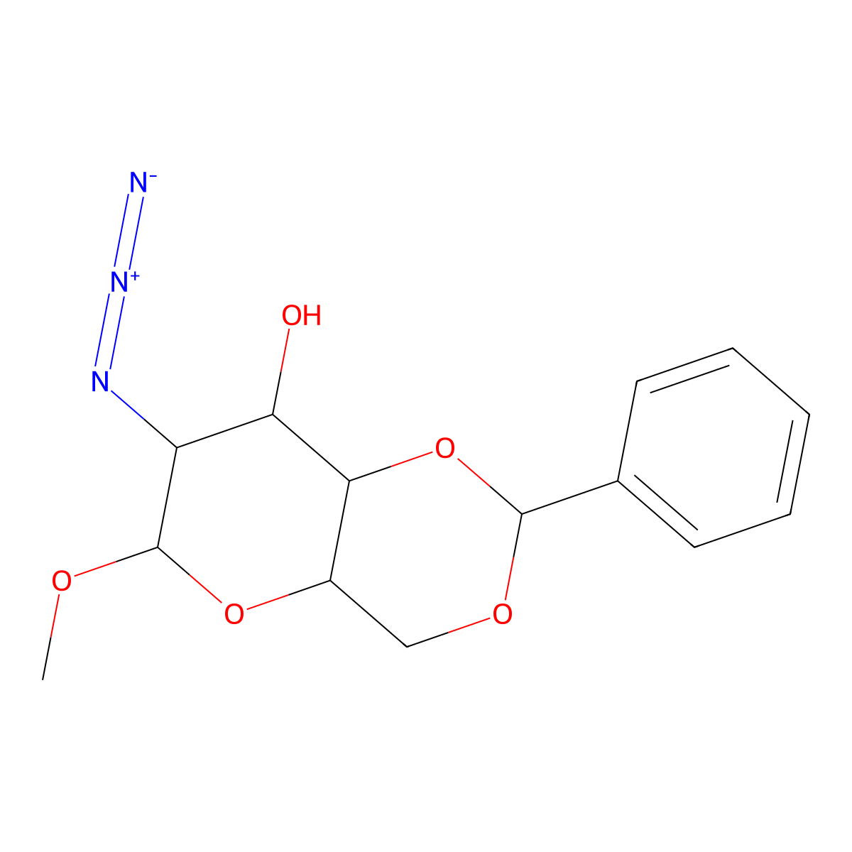 7-Azido-6-methoxy-2-phenyl-4,4a,6,7,8,8a-hexahydropyrano[3,2-d][1,3]dioxin-8-ol molecular structure, CAS 17460-37-6