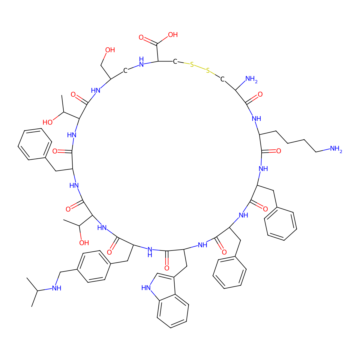 (4R,7R,10R,13S,16R,19R,22S,25S,28S,31R,34R)-34-amino-31-(4-aminobutyl)-13,25,28-tribenzyl-10,16-bis[(1R)-1-hydroxyethyl]-7-(hydroxymethyl)-22-(1H-indol-3-ylmethyl)-9,12,15,18,21,24,27,30,33-nonaoxo-19-[[4-[(propan-2-ylamino)methyl]phenyl]methyl]-1,2-dithia-5,8,11,14,17,20,23,26,29,32-decazacyclopentatriacontane-4-carboxylic acid molecular structure, CAS 174688-78-9