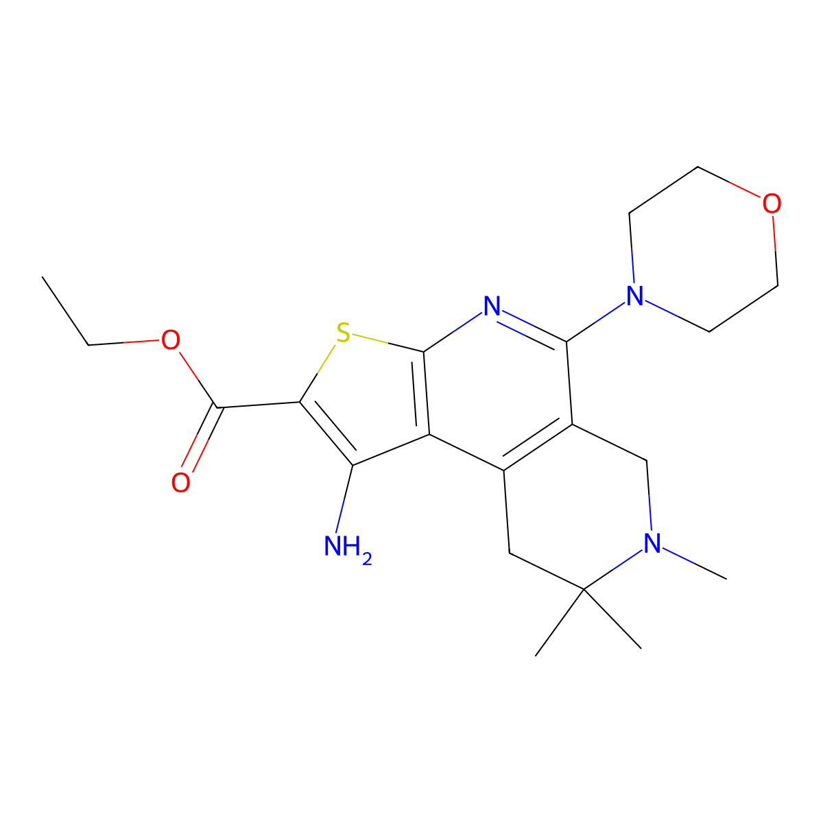 Ethyl 1-amino-7,8,8-trimethyl-5-morpholin-4-yl-6,9-dihydrothieno[2,3-c][2,7]naphthyridine-2-carboxylate molecular structure, CAS 174705-67-0