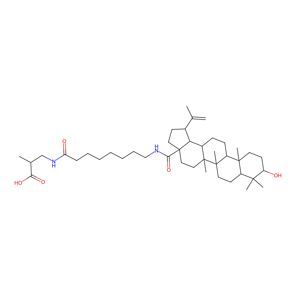 3-[8-[[(1R,3aS,5aR,5bR,7aR,9S,11aR,11bR,13aR,13bR)-9-hydroxy-5a,5b,8,8,11a-pentamethyl-1-prop-1-en-2-yl-1,2,3,4,5,6,7,7a,9,10,11,11b,12,13,13a,13b-hexadecahydrocyclopenta[a]chrysene-3a-carbonyl]amino]octanoylamino]-2-methylpropanoic acid molecular structure, CAS 174740-51-3