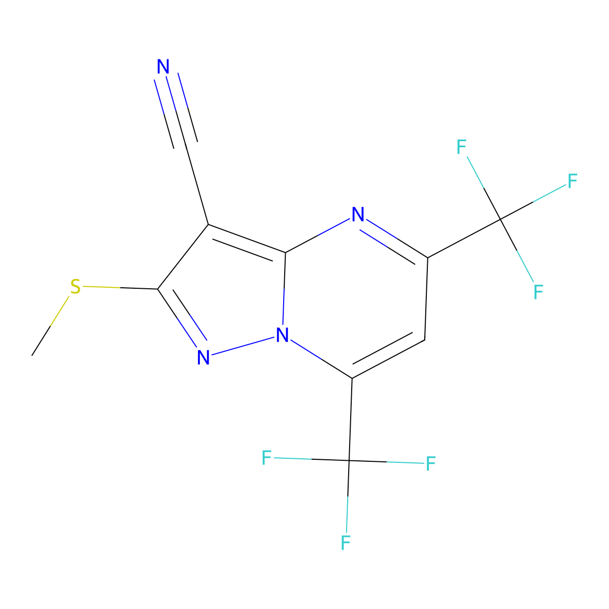 5,7-Bis(trifluoromethyl)-3-cyano-2-(methylthio)pyrazolo[1,5-a]pyrimidine molecular structure, CAS 174842-48-9