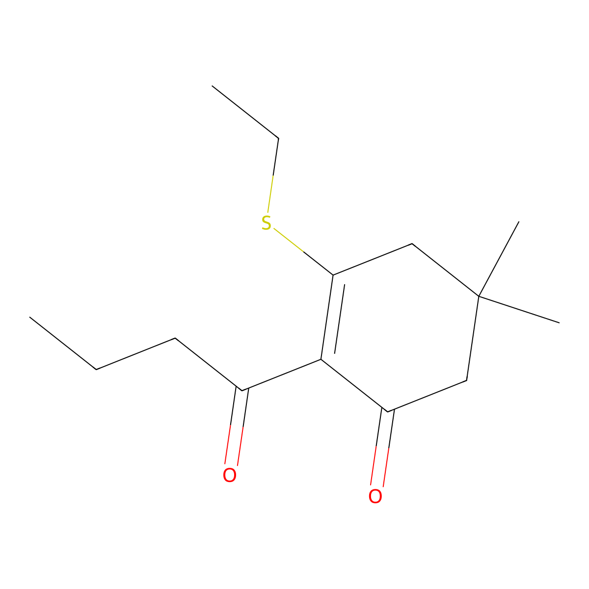 2-Butanoyl-3-ethylsulfanyl-5,5-dimethylcyclohex-2-en-1-one molecular structure, CAS 174842-59-2