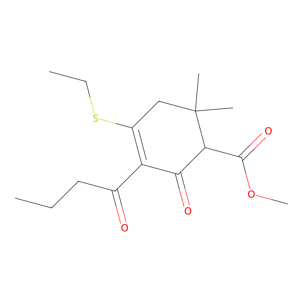 Methyl 3-butanoyl-4-ethylthio-6,6-dimethyl-2-oxocyclohex-3-enecarboxylate molecular structure, CAS 174842-60-5