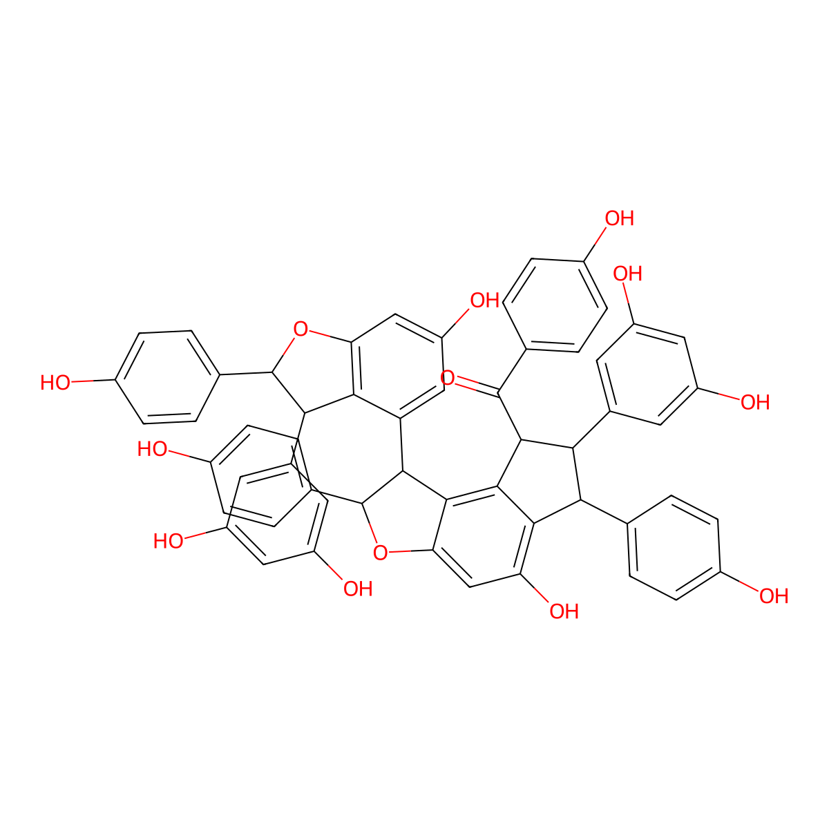 [7-(3,5-dihydroxyphenyl)-1-[3-(3,5-dihydroxyphenyl)-6-hydroxy-2-(4-hydroxyphenyl)-2,3-dihydro-1-benzofuran-4-yl]-5-hydroxy-2,6-bis(4-hydroxyphenyl)-2,6,7,8-tetrahydro-1H-cyclopenta[e][1]benzofuran-8-yl]-(4-hydroxyphenyl)methanone molecular structure, CAS 174916-31-5