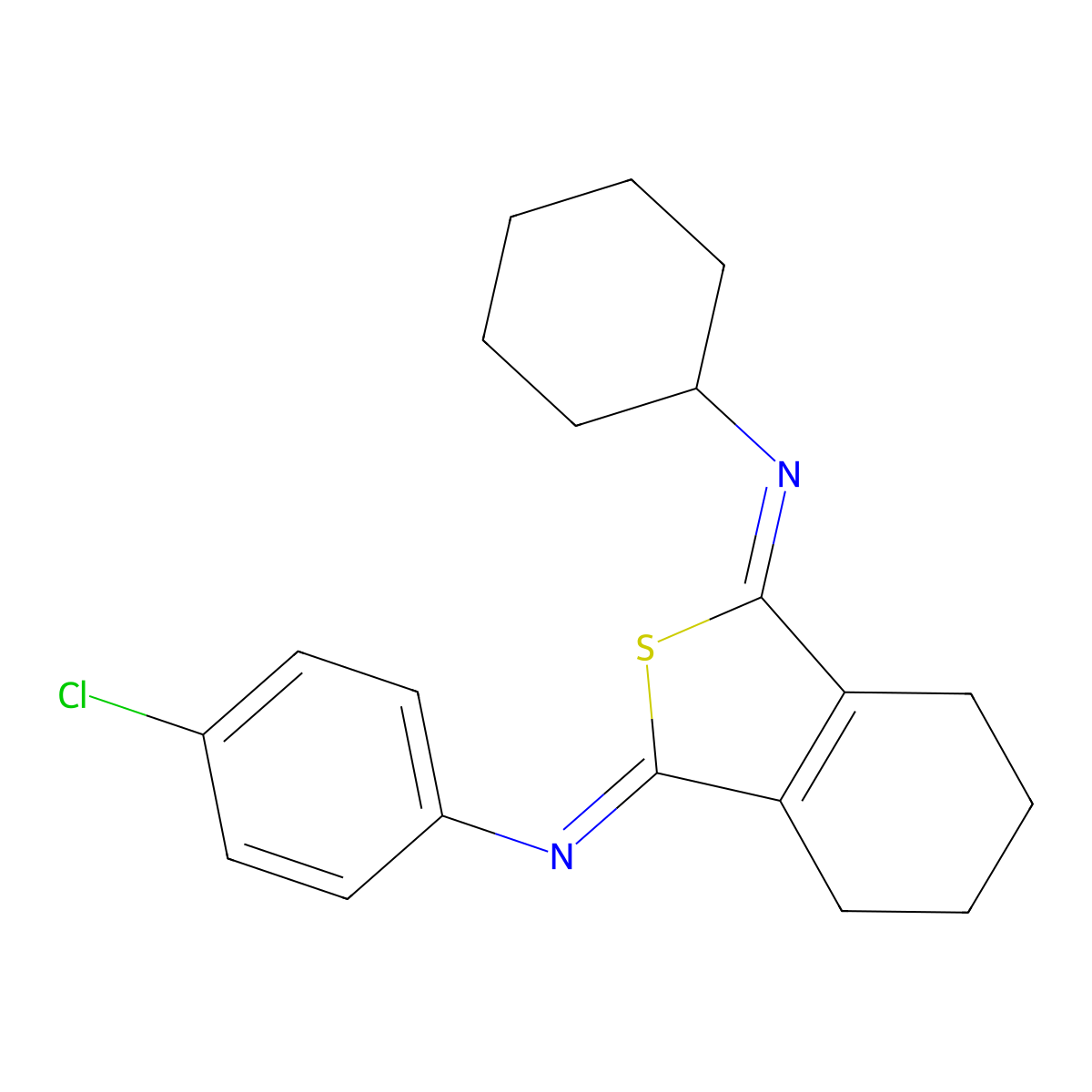 N-(4-chlorophenyl)-N-(3-(cyclohexylimino)-4,5,6,7-tetrahydro-2-benzothien-1(3H)-ylidene)amine molecular structure, CAS 174968-93-5