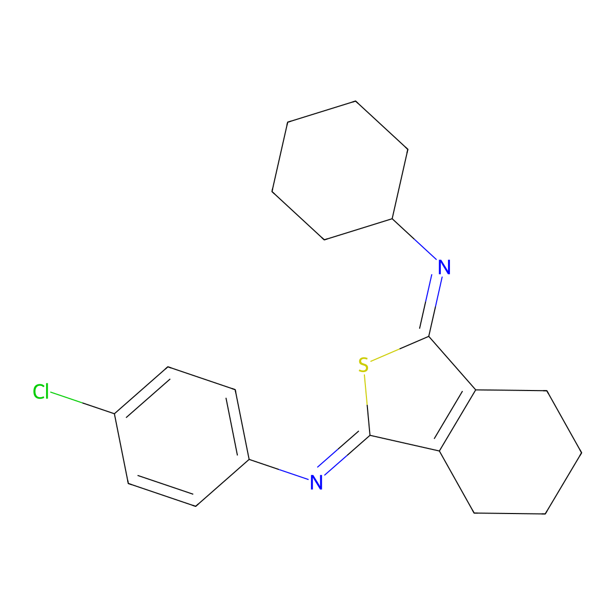 N-(4-chlorophenyl)-N-(3-(cyclohexylimino)-4,5,6,7-tetrahydro-2-benzothien-1(3H)-ylidene)amine molecular structure, CAS 174968-93-5