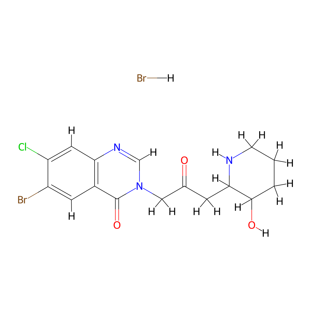 4(3H)-Quinazolinone, 6-bromo-7-chloro-3-(3-(3-hydroxy-2-piperidinyl)-2-oxopropyl)-, hydrobromide (1:1) molecular structure, CAS 17518-97-7