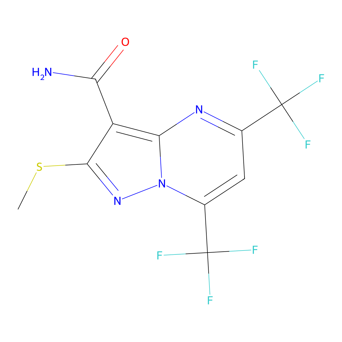 5,7-Bis(trifluoromethyl)-2-(methylthio)pyrazolo[1,5-a]pyrimidine-3-carboxamide molecular structure, CAS 175203-36-8