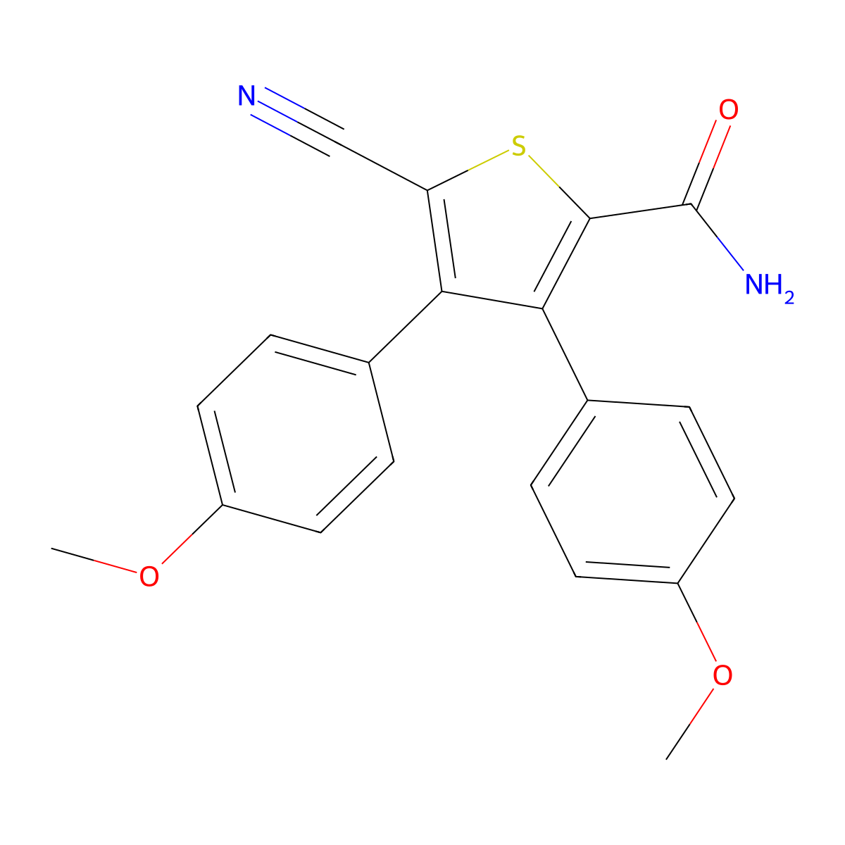 5-Cyano-3,4-bis(4-methoxyphenyl)thiophene-2-carboxamide molecular structure, CAS 175276-46-7