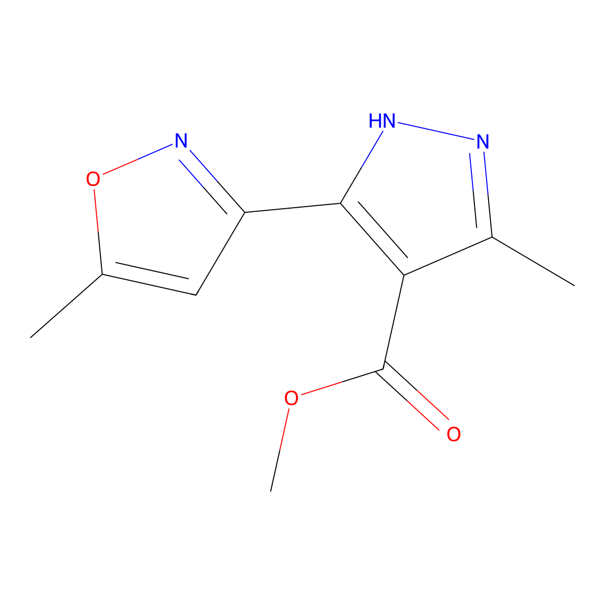 Methyl 3-methyl-5-(5-methylisoxazol-3-yl)-1H-pyrazole-4-carboxylate molecular structure, CAS 175277-16-4