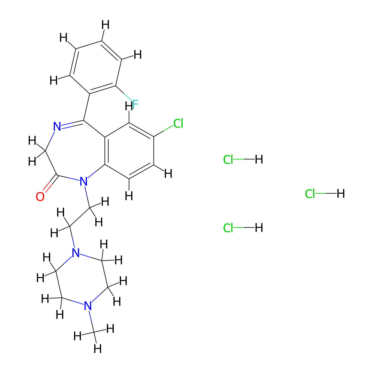 2H-1,4-Benzodiazepin-2-one, 1,3-dihydro-7-chloro-5-(o-fluorophenyl)-1-(2-(4-methyl-1-piperazinyl)ethyl)-, trihydrochloride molecular structure, CAS 1755-83-5