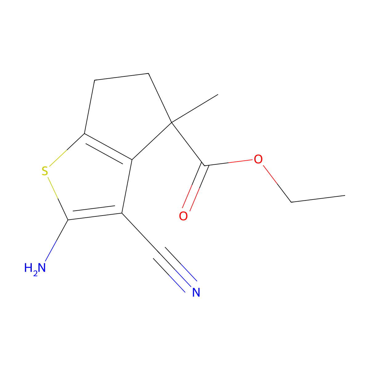 Ethyl 2-amino-3-cyano-4-methyl-5,6-dihydrocyclopenta[b]thiophene-4-carboxylate molecular structure, CAS 175599-81-2