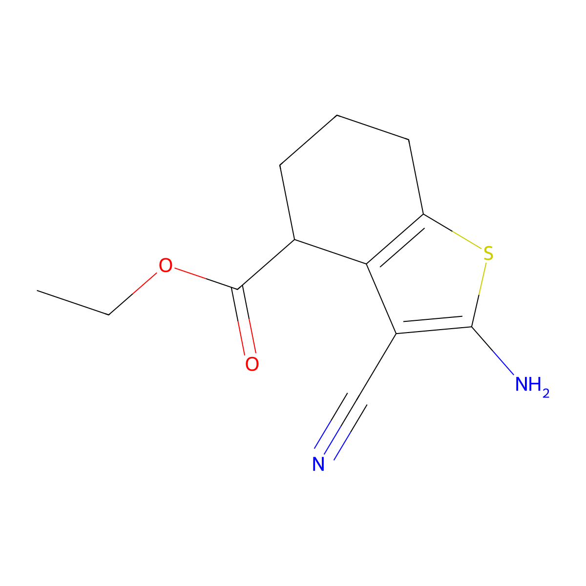 Ethyl 2-amino-3-cyano-4,5,6,7-tetrahydro-1-benzothiophene-4-carboxylate molecular structure, CAS 175599-83-4