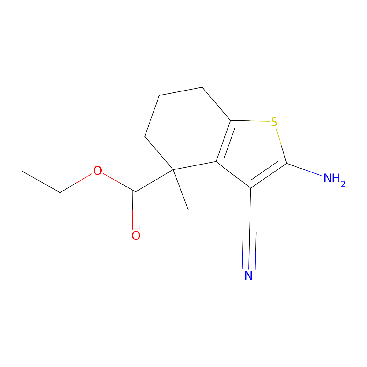 ethyl 2-amino-3-cyano-4-methyl-6,7-dihydro-5H-benzothiophene-4-carboxylate molecular structure, CAS 175599-84-5