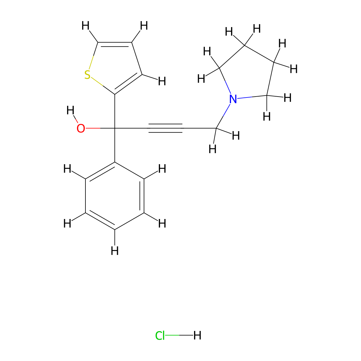 1-Phenyl-4-(pyrrolidin-1-yl)-1-(thiophen-2-yl)but-2-yn-1-ol--hydrogen chloride (1/1) molecular structure, CAS 1756-03-2