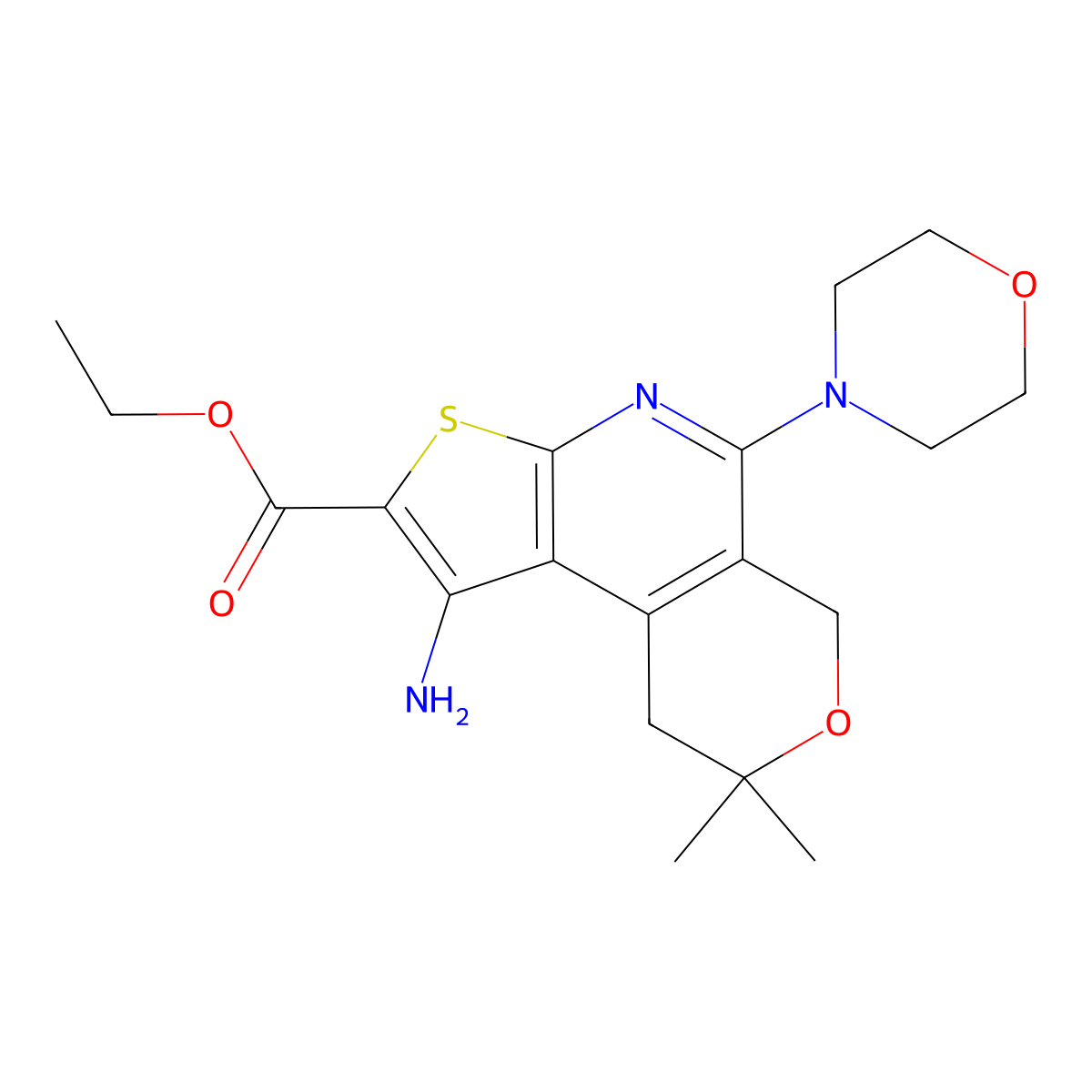 ethyl 1-amino-8,8-dimethyl-5-morpholino-8,9-dihydro-6H-pyrano[4,3-d]thieno[2,3-b]pyridine-2-carboxylate molecular structure, CAS 175648-68-7