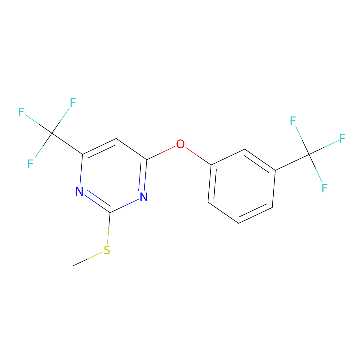 2-(Methylsulfanyl)-4-(trifluoromethyl)-6-[3-(trifluoromethyl)phenoxy]pyrimidine molecular structure, CAS 175836-64-3