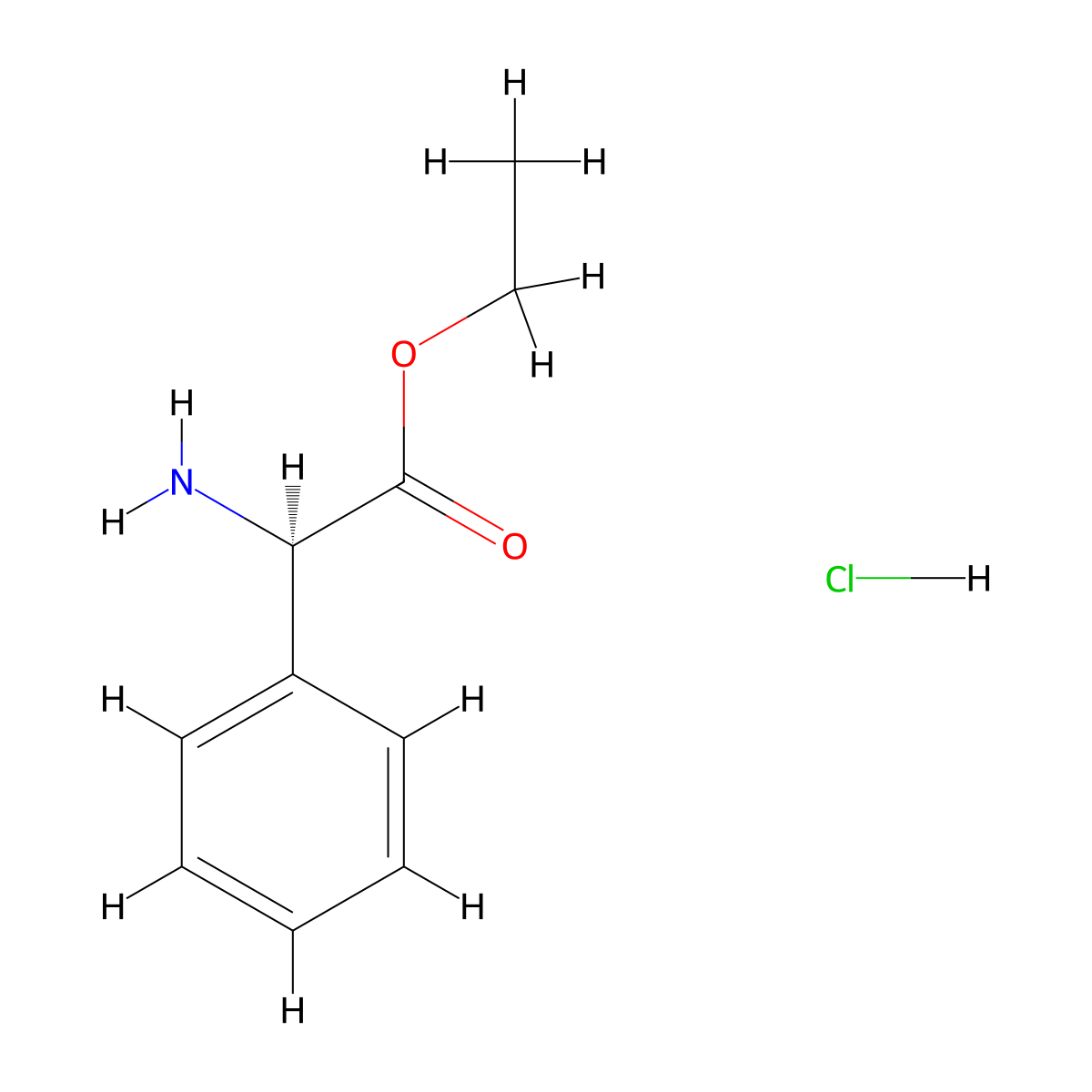Benzeneacetic acid, alpha-amino-, ethyl ester, hydrochloride (1:1), (alphaR)- molecular structure, CAS 17609-48-2