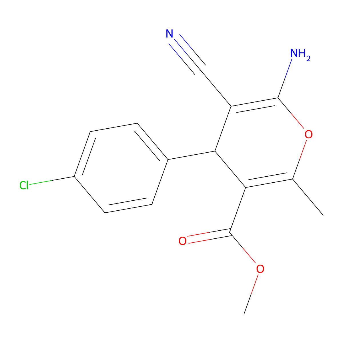 Methyl 6-amino-4-(4-chlorophenyl)-5-cyano-2-methyl-4H-pyran-3-carboxylate molecular structure, CAS 176106-10-8